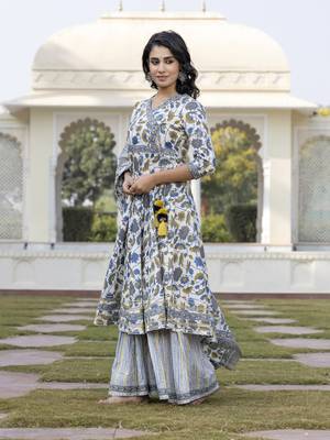 women blue and off white a-line kurta bottom and dupatta set 5