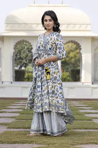 women blue and off white a-line kurta bottom and dupatta set