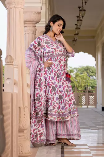 women pink and off white a-line kurta bottom and dupatta set