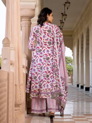 women pink and off white a-line kurta bottom and dupatta set 3