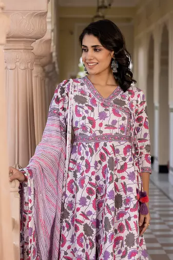 women pink and off white a-line kurta bottom and dupatta set
