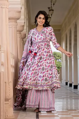 women pink and off white a-line kurta bottom and dupatta set