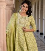 women green embroidered anarkali kurta bottom and dupatta set