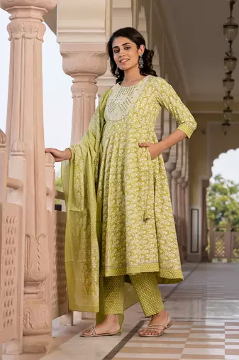 women green embroidered anarkali kurta bottom and dupatta set