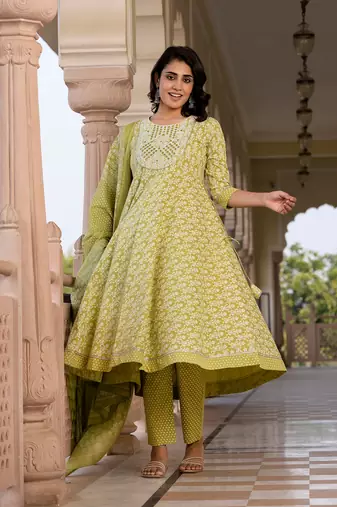 women green embroidered anarkali kurta bottom and dupatta set