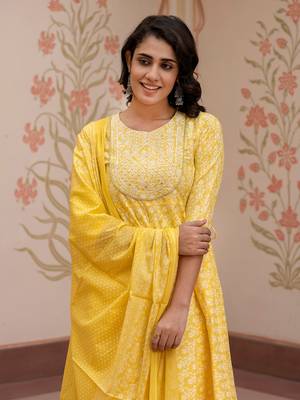 women yellow embroidered anarkali kurta bottom and dupatta set 2