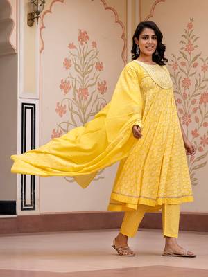 women yellow embroidered anarkali kurta bottom and dupatta set 3