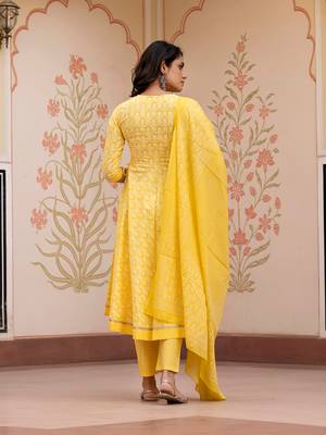 women yellow embroidered anarkali kurta bottom and dupatta set 4