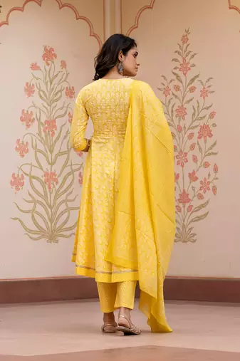 women yellow embroidered anarkali kurta bottom and dupatta set