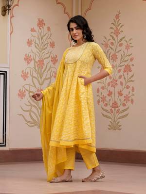 women yellow embroidered anarkali kurta bottom and dupatta set 1