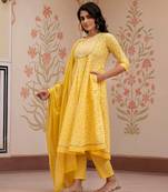 women yellow embroidered anarkali kurta bottom and dupatta set
