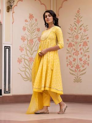 women yellow embroidered anarkali kurta bottom and dupatta set 5