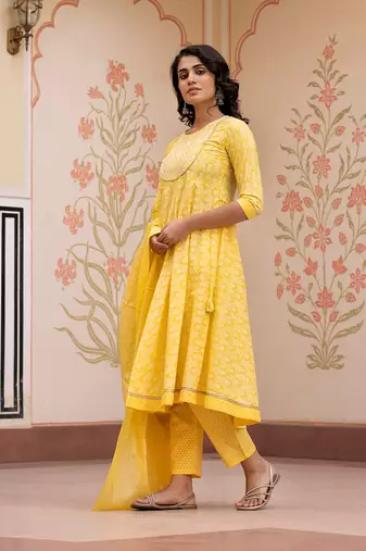 women yellow embroidered anarkali kurta bottom and dupatta set