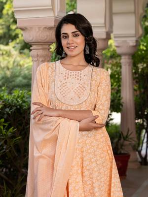 women peach embroidered anarkali kurta bottom and dupatta set 1