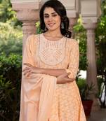 women peach embroidered anarkali kurta bottom and dupatta set