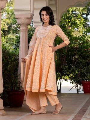 women peach embroidered anarkali kurta bottom and dupatta set 2