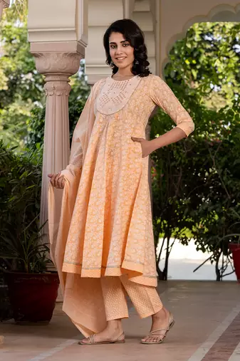 women peach embroidered anarkali kurta bottom and dupatta set
