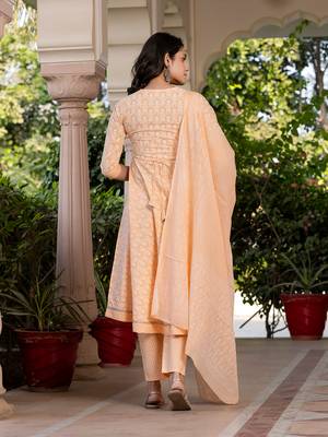 women peach embroidered anarkali kurta bottom and dupatta set 3