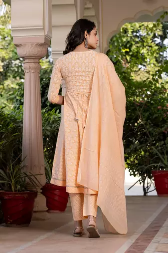 women peach embroidered anarkali kurta bottom and dupatta set