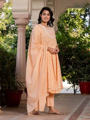 women peach embroidered anarkali kurta bottom and dupatta set 4