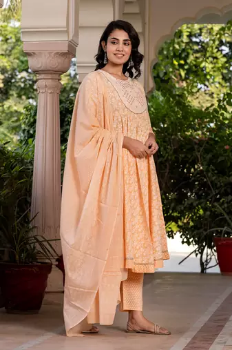 women peach embroidered anarkali kurta bottom and dupatta set
