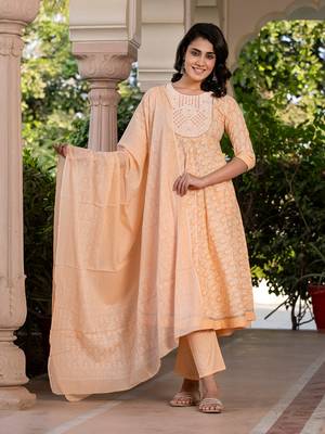 women peach embroidered anarkali kurta bottom and dupatta set 5