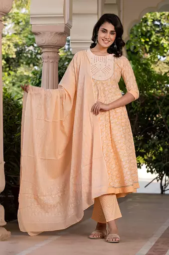 women peach embroidered anarkali kurta bottom and dupatta set