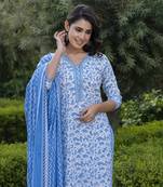 women blue embroidered straight kurta bottom and dupatta set