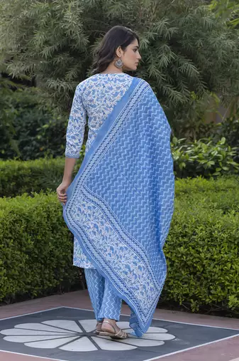women blue embroidered straight kurta bottom and dupatta set