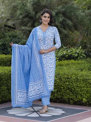 women blue embroidered straight kurta bottom and dupatta set 4