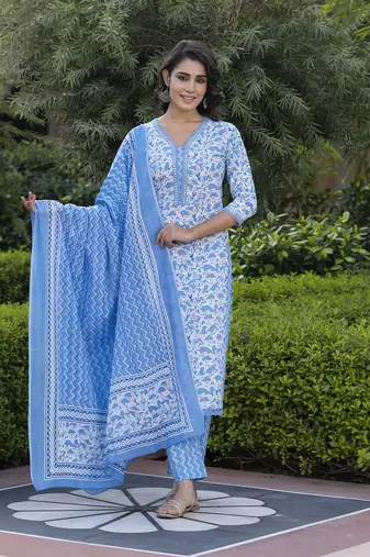 women blue embroidered straight kurta bottom and dupatta set