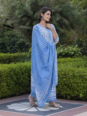 women blue embroidered straight kurta bottom and dupatta set 5