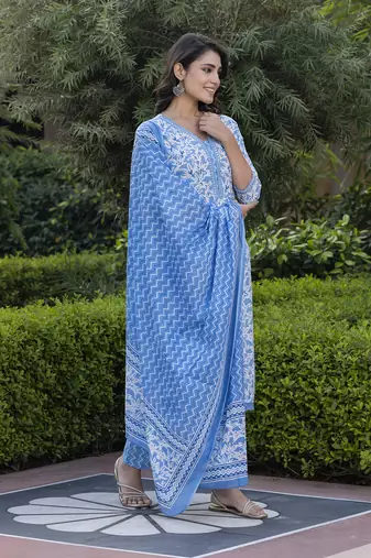 women blue embroidered straight kurta bottom and dupatta set