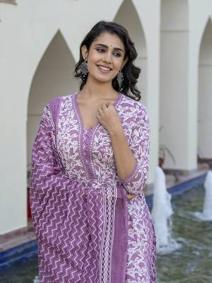 women mauve embroidered straight kurta bottom and dupatta set 1