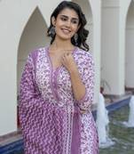 women mauve embroidered straight kurta bottom and dupatta set