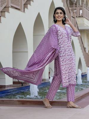 women mauve embroidered straight kurta bottom and dupatta set 2