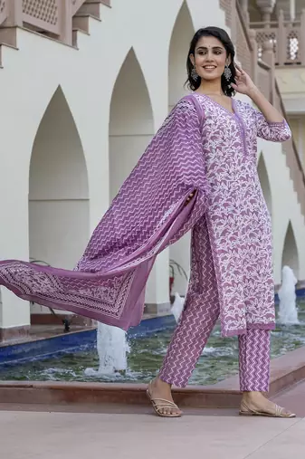 women mauve embroidered straight kurta bottom and dupatta set