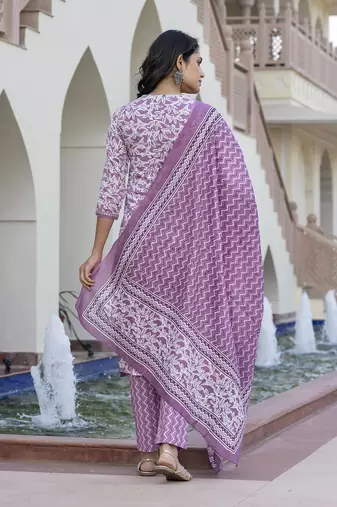 women mauve embroidered straight kurta bottom and dupatta set