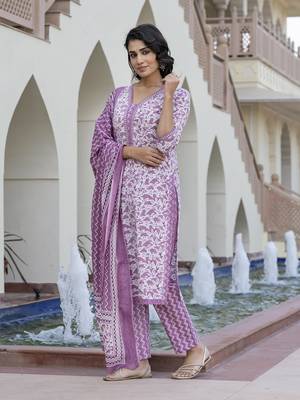 women mauve embroidered straight kurta bottom and dupatta set 4