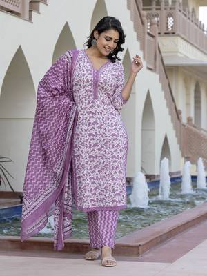 women mauve embroidered straight kurta bottom and dupatta set 5