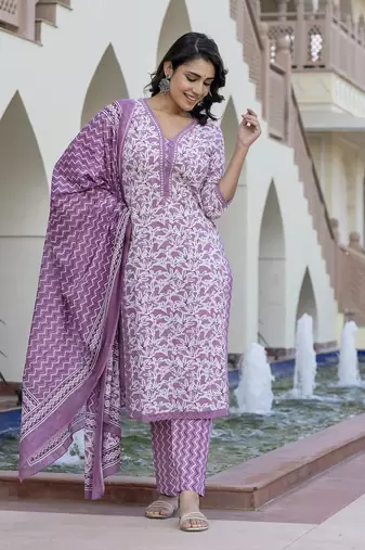 women mauve embroidered straight kurta bottom and dupatta set