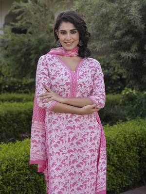 women pink embroidered straight kurta bottom and dupatta set 1