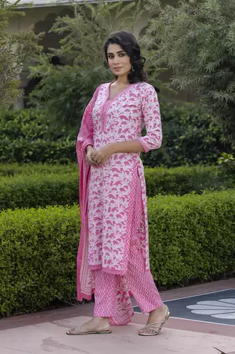 women pink embroidered straight kurta bottom and dupatta set