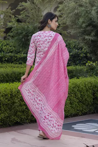 women pink embroidered straight kurta bottom and dupatta set