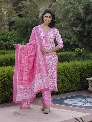 women pink embroidered straight kurta bottom and dupatta set 4
