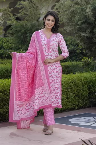 women pink embroidered straight kurta bottom and dupatta set