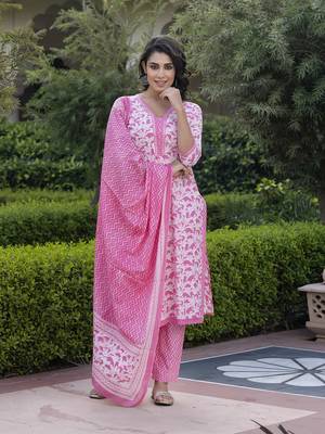 women pink embroidered straight kurta bottom and dupatta set 5