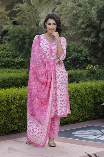 women pink embroidered straight kurta bottom and dupatta set
