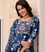 women blue mirror work chikankari anarkali kurta bottom and dupatta set