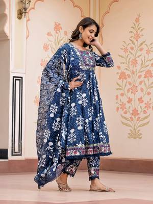 women blue mirror work chikankari anarkali kurta bottom and dupatta set 2